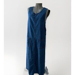 St John’s Bay Denim Jumper Dress Buttons Maxi Modest Size L ?See Measurements